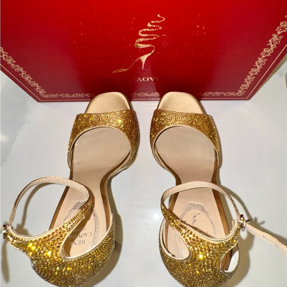 Rene Caovilla - Crystal Gold Platform Heels - New - 38 US - Picture 14 of 16